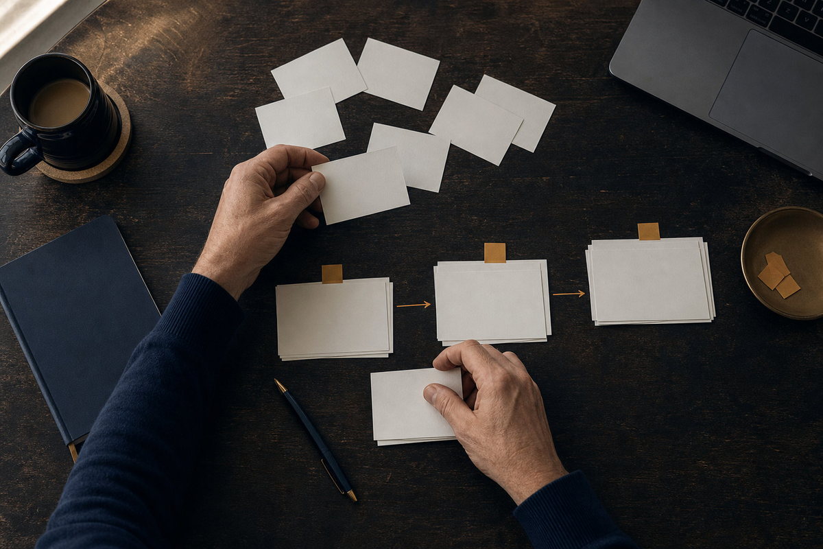 Manos ordenando tarjetas de evidencia en un flujo sencillo